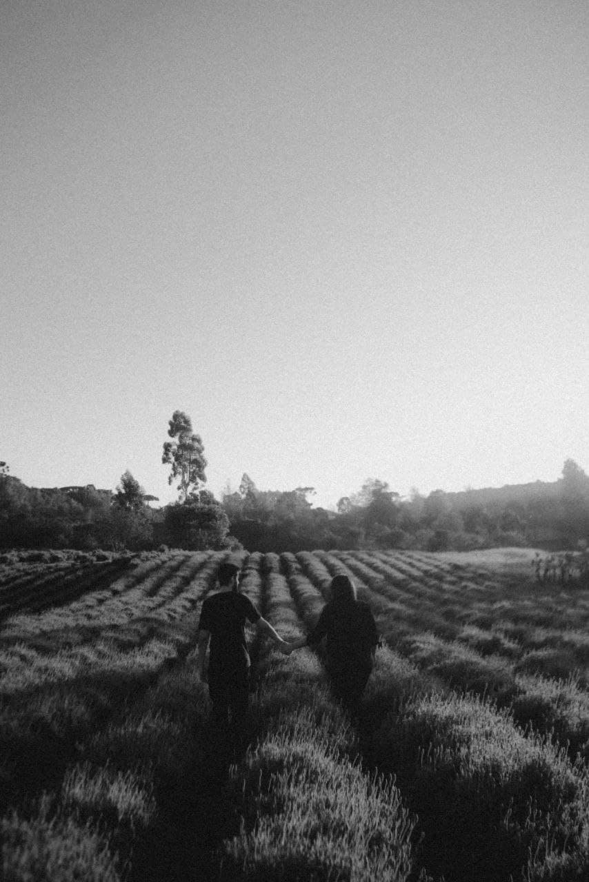 Camila e Bernardo caminhando de mãos dadas pelo campo em uma fotografia em preto e branco